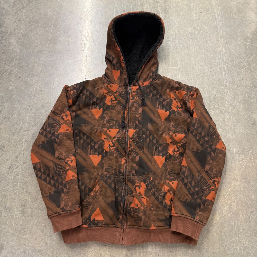 Hybrid Apparel Mens Y2K Zip Up Hoodie Faux Fur Lined Brown Orange Geometric L